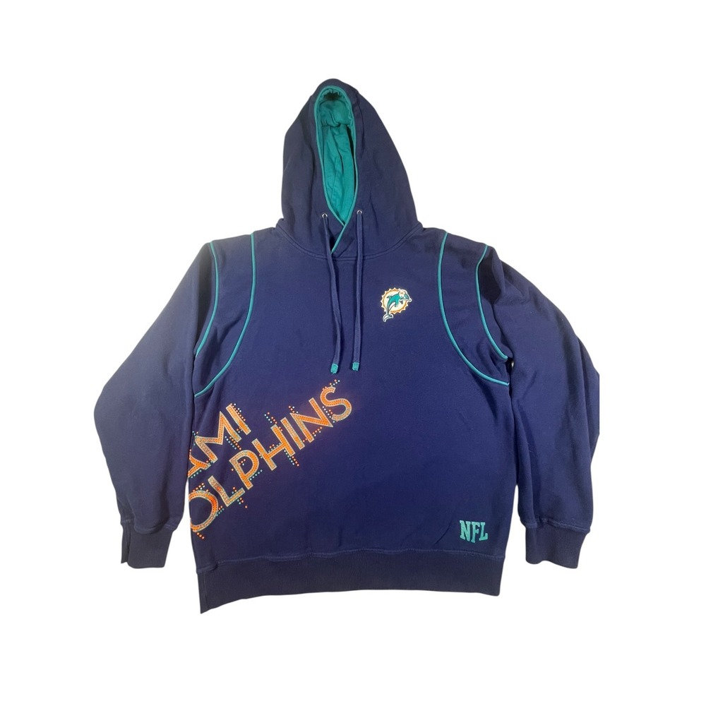 NFL Pro Line Miami Dolphins Mens Large Navy Blue‎ Teal Hoodie Sweatshirt L